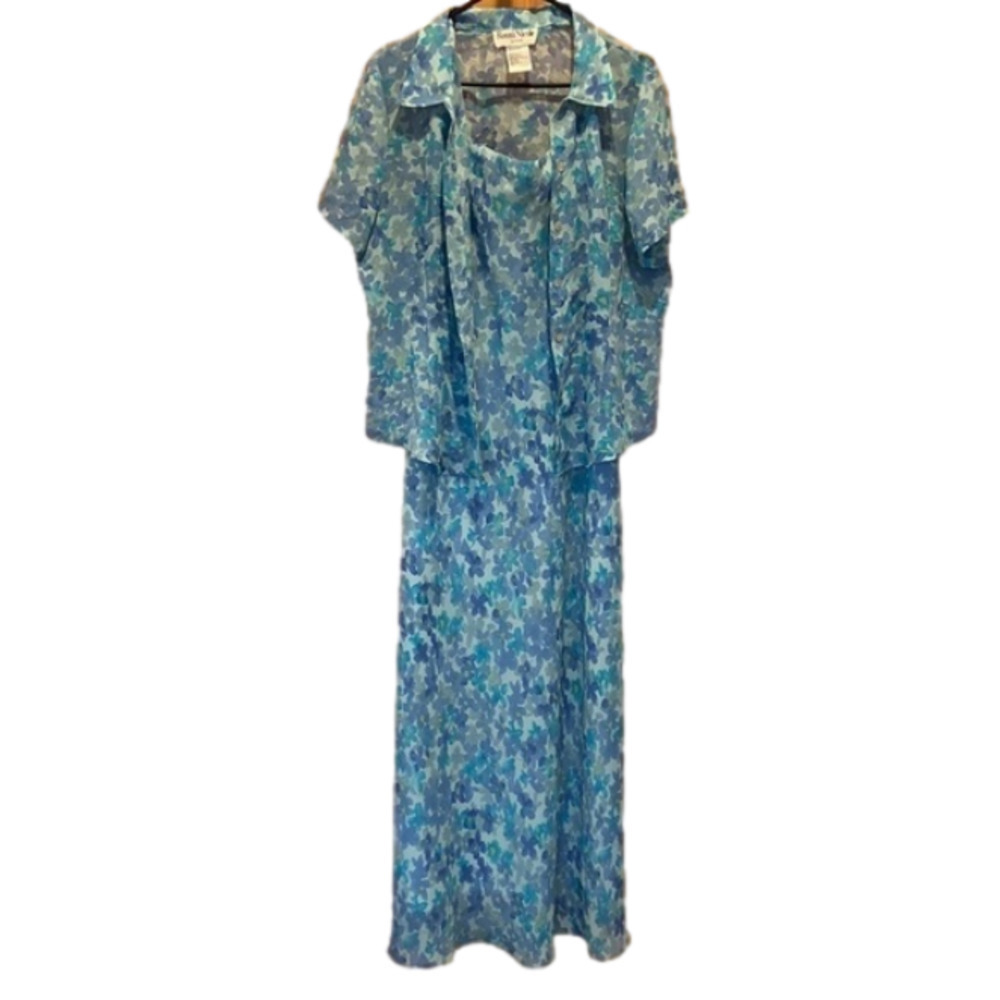 Ronni Nicole Blue Floral Sleeveless Maxi Dress and Matching Blouse Shell Size 14